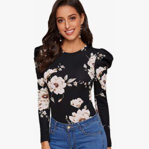 Verdusa Women's Gigot Long Puff Sleeve Round Neck Gingham Blouse Black L NWOT